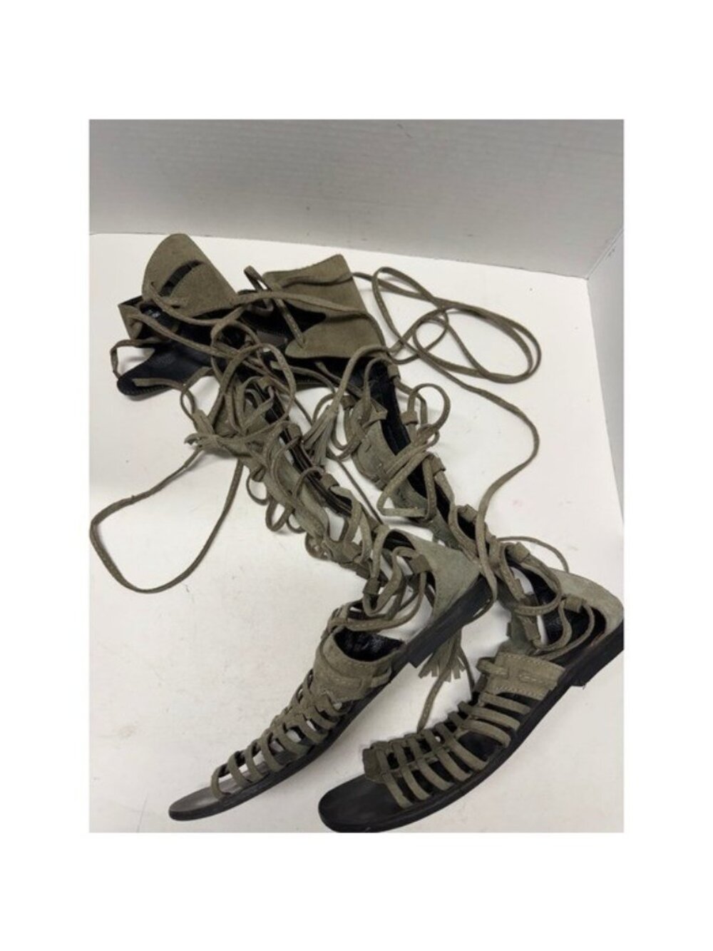 Free People Olive Green Suede Tall Gladiator Lace Up Sandals 38 8